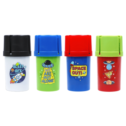 Front-facing row of four colorful mini canisters featuring the Atomik Grind & Stash branding, each with a different space-themed sticker and contrasting lid colors.