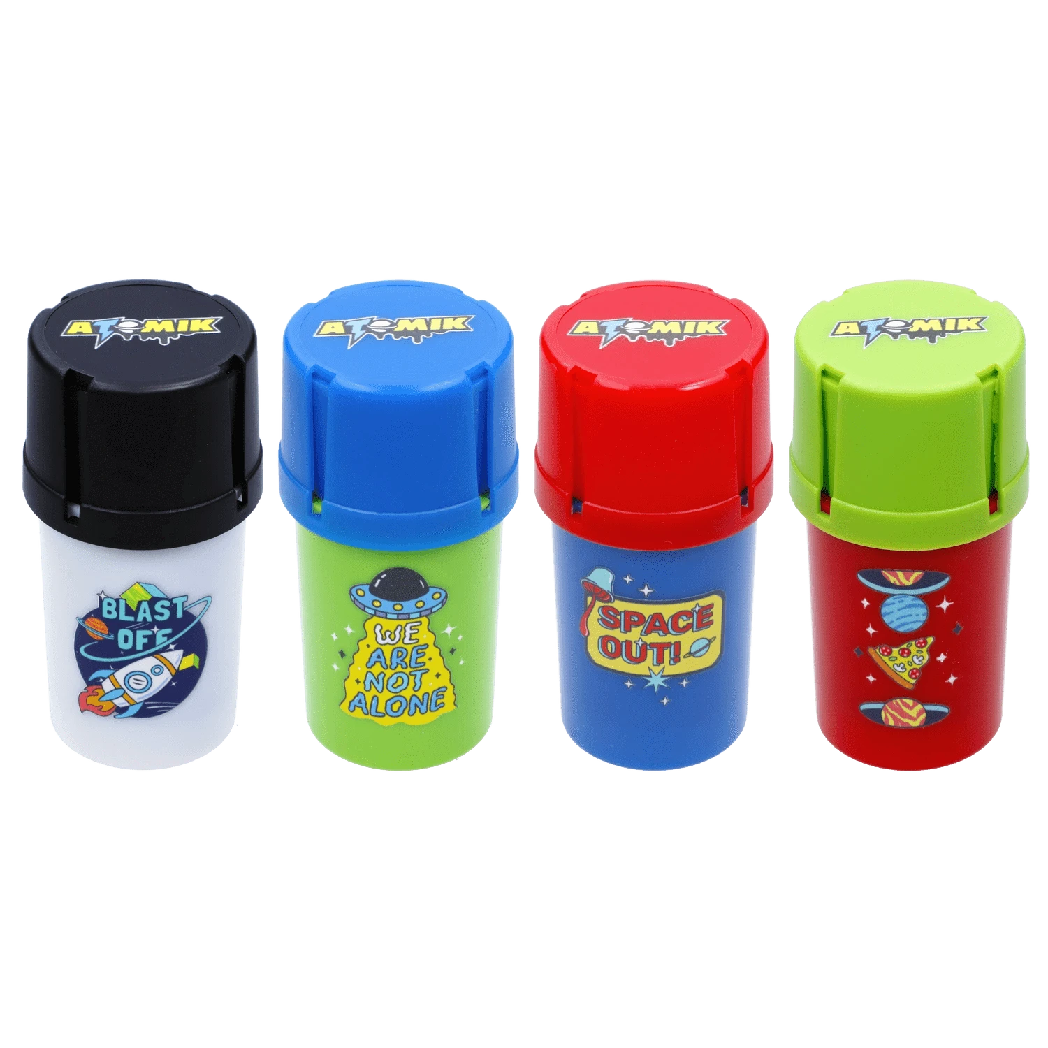Row of four colorful Atomik Grind & Stash containers photographed front-on, each with a different bright cap and space-themed sticker.