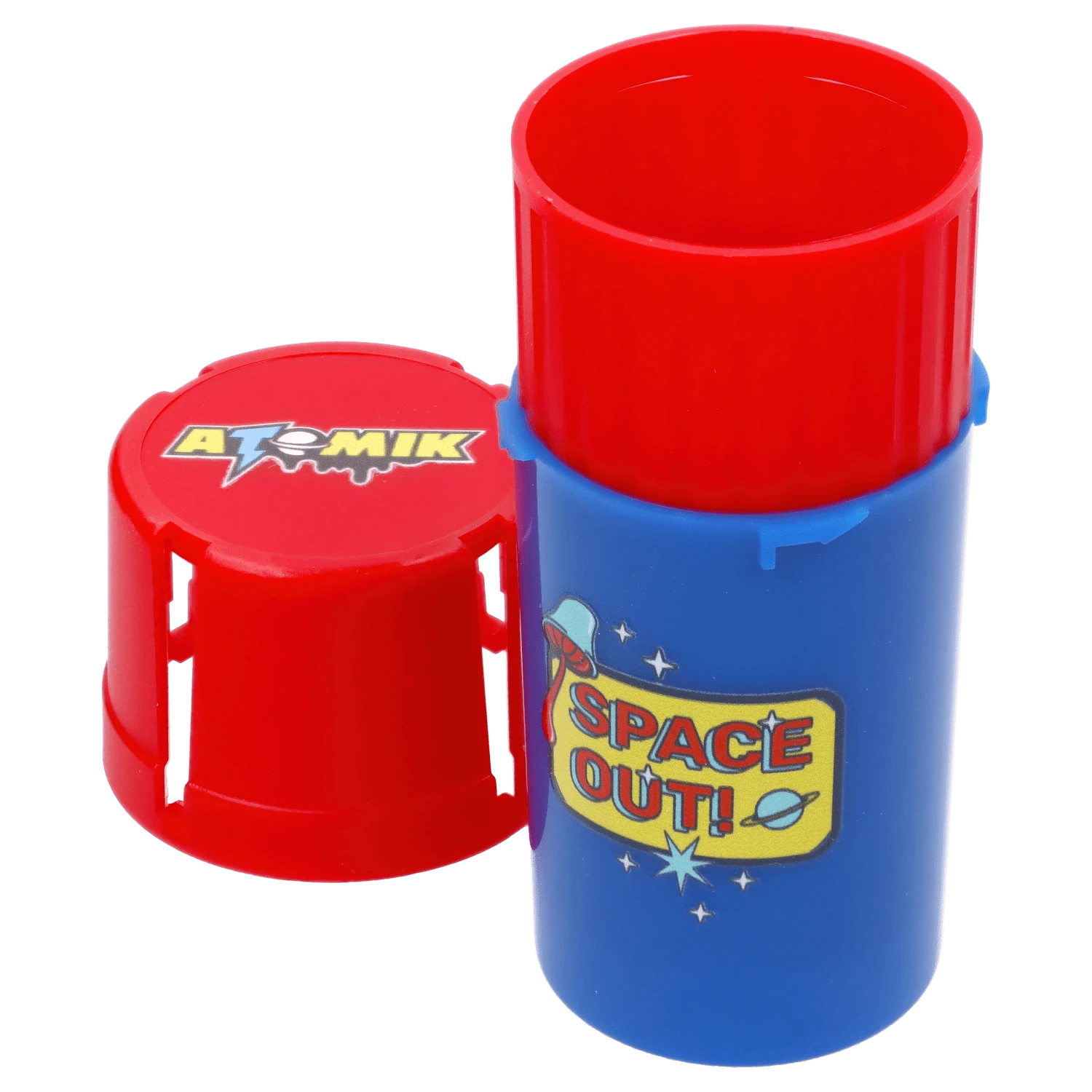 Close-up front view of a blue and red capsule with the Atomik Grind & Stash logo visible on the red cap.