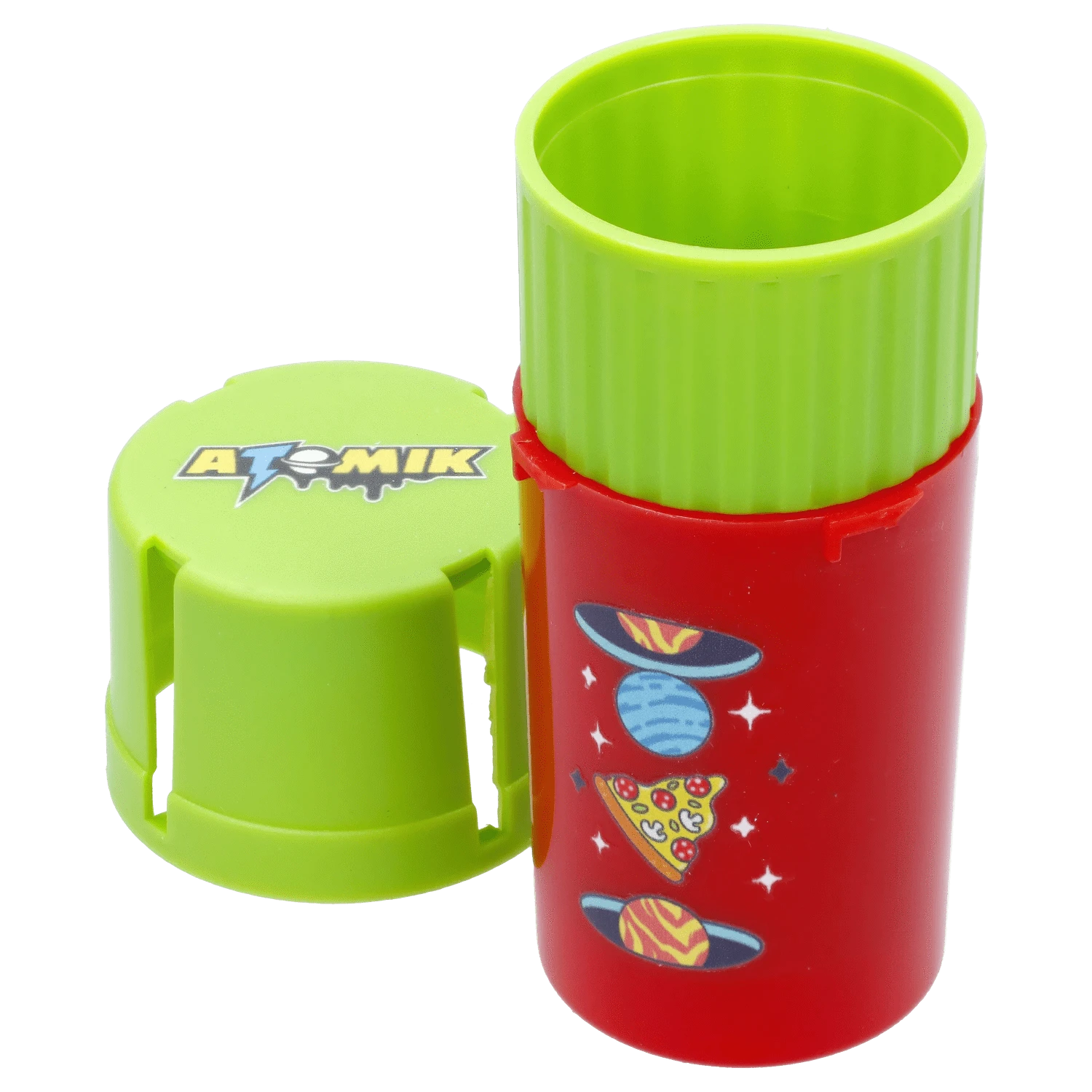 Close-up front view of a red tube with green lid and interior, showing the Atomik Grind & Stash logo on the detached lid and planet and pizza stickers on the tube.
