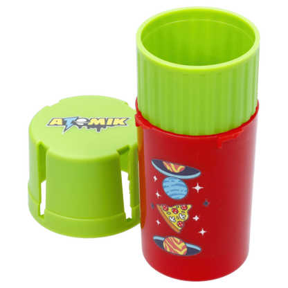 Close-up front view of a red tube with green lid and interior, showing the Atomik Grind & Stash logo on the detached lid and planet and pizza stickers on the tube.