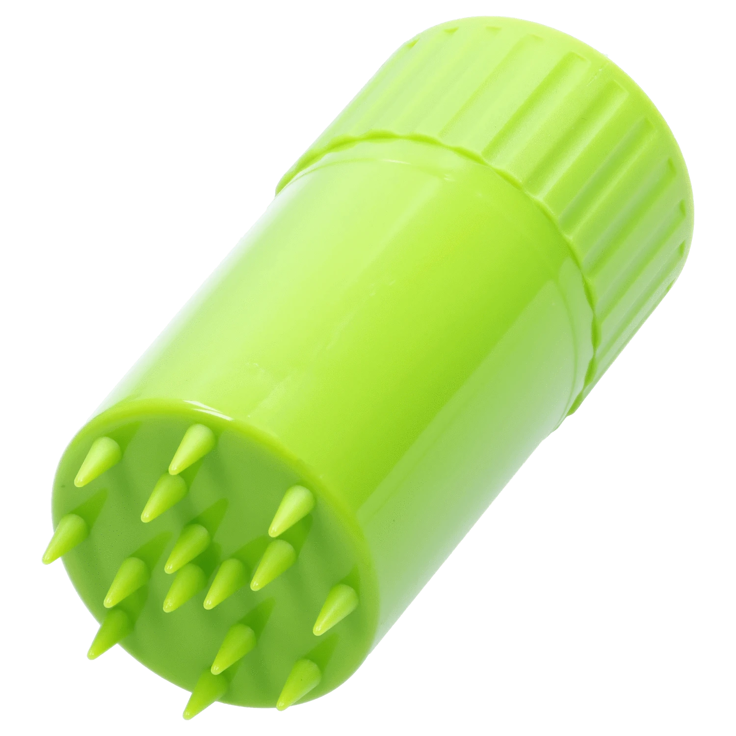 Close-up angled view of a bright lime green Atomik Grind & Stash showing its textured screw cap and spiked grinding surface.