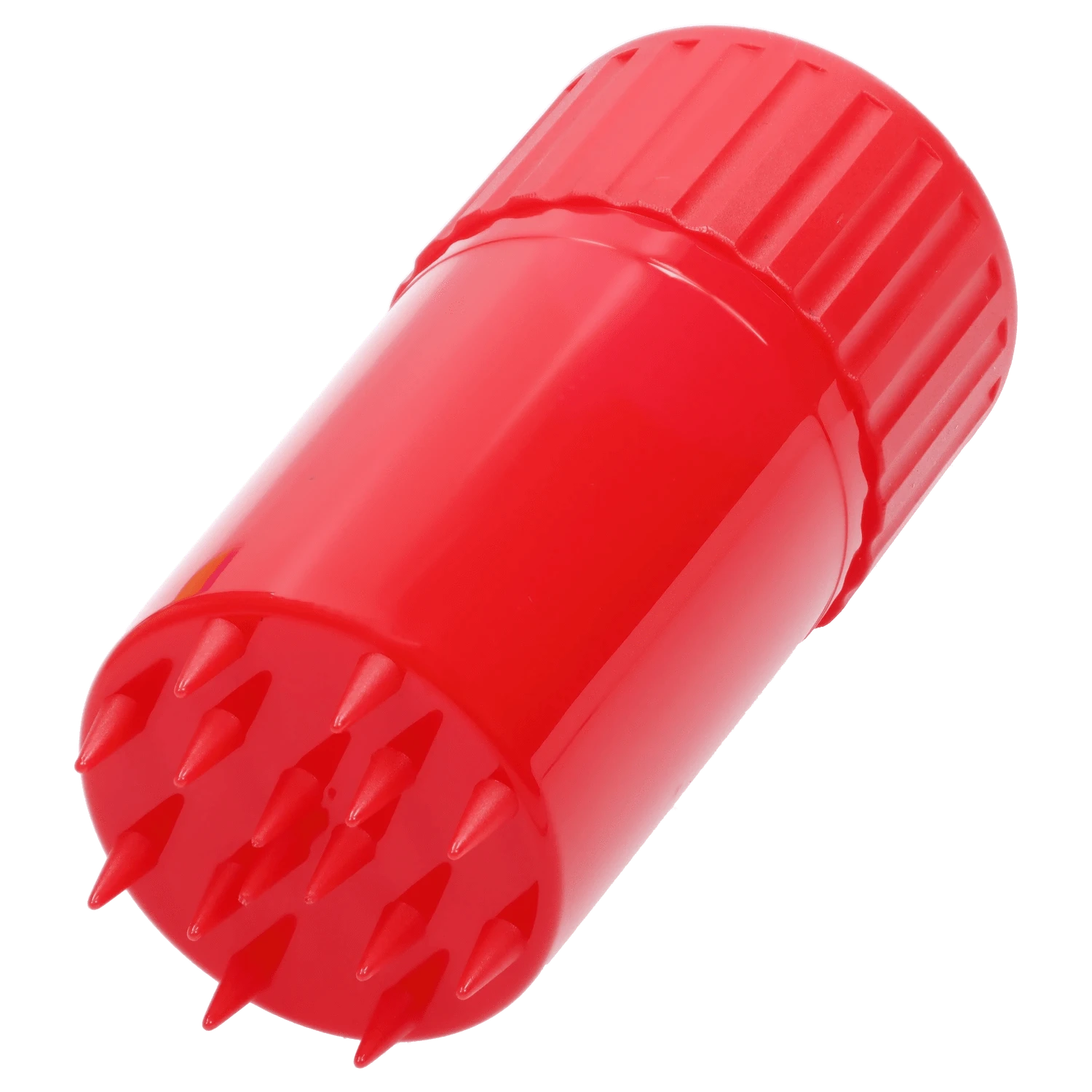 Angled close-up of a bright red Atomik Grind & Stash showing the ridged screw cap and spiked grinding teeth.