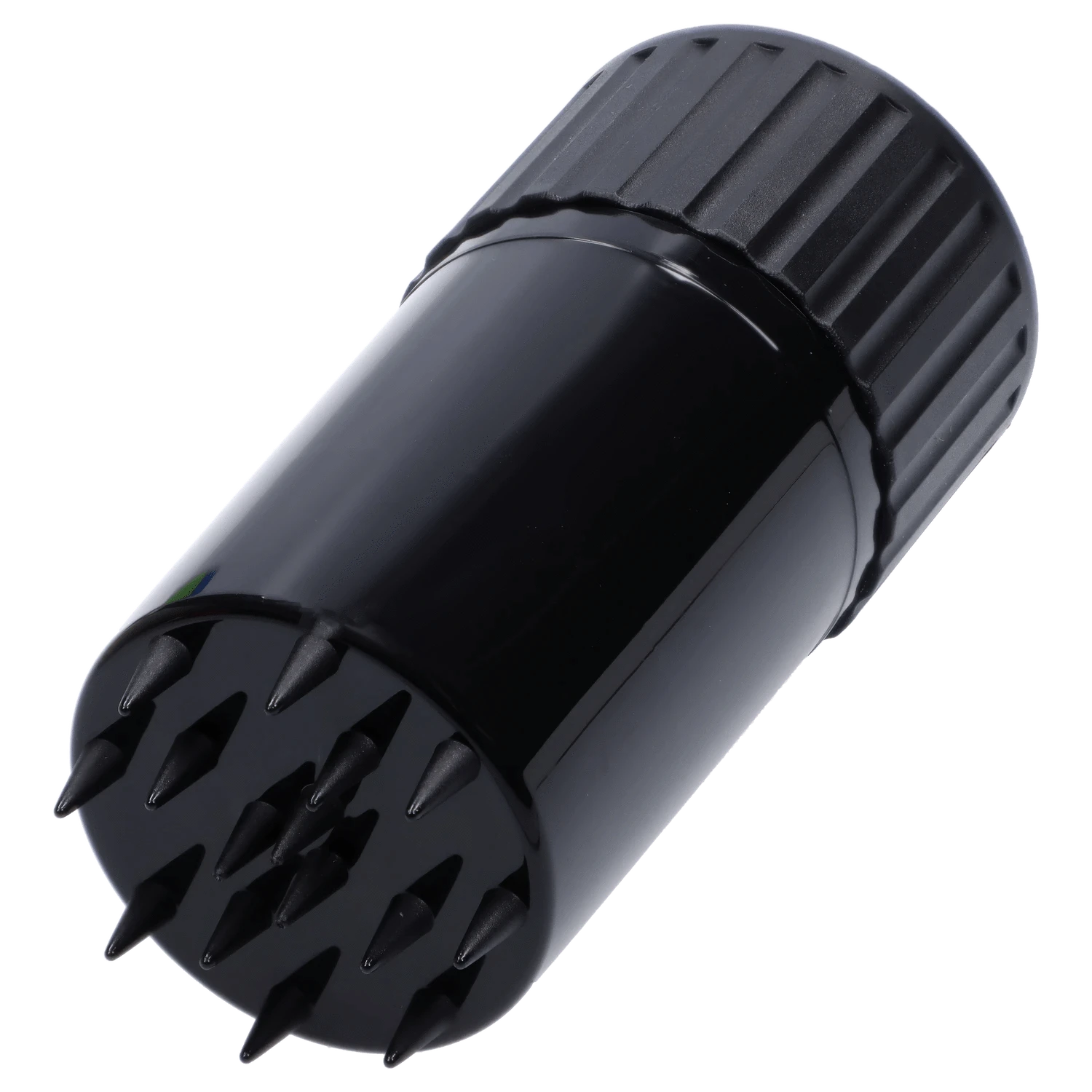 Angled close-up of the black Atomik Grind & Stash showing its ridged twist cap and spiked grinding plate.