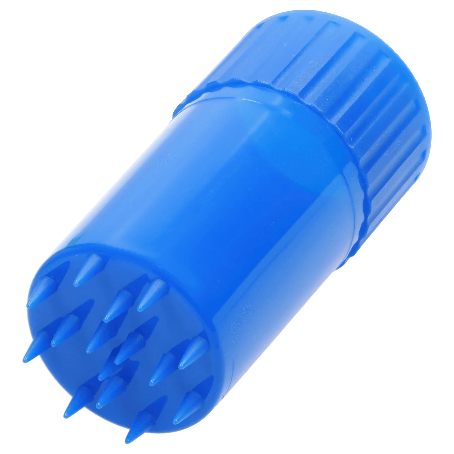 Angled close-up of the bright blue Atomik Grind & Stash showing its ridged twist cap and pointed internal spikes.