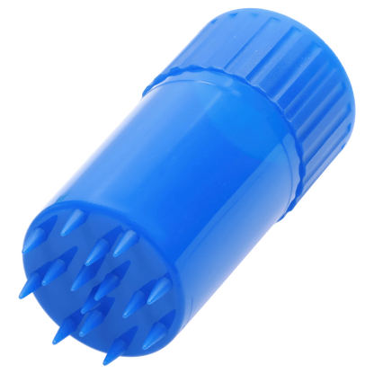 Angled close-up of the bright blue Atomik Grind & Stash showing its ridged twist cap and pointed internal spikes.