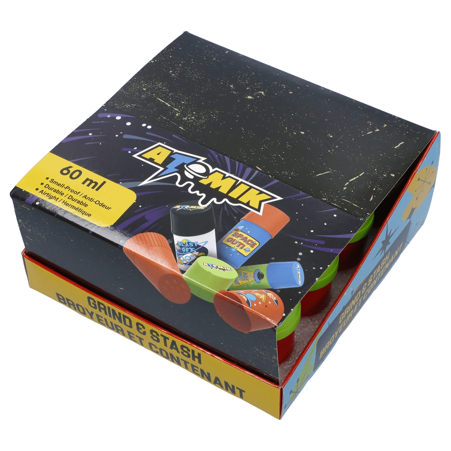 Angled top view of the colorful boxed Atomik Grind & Stash set showing playful space-themed graphics and visible red and green containers.