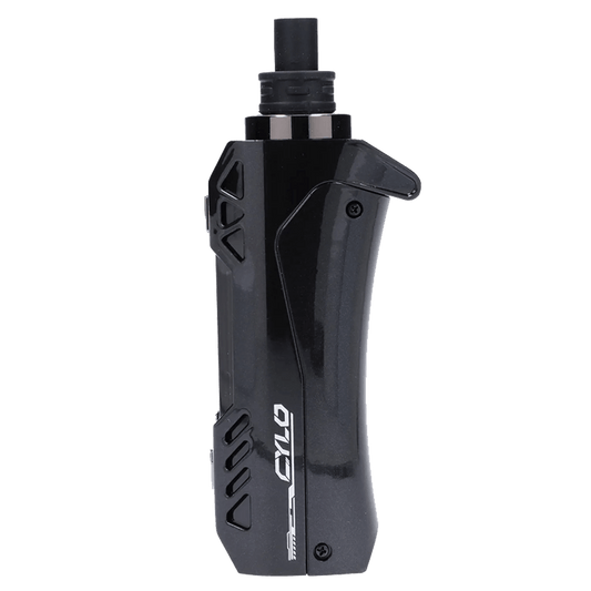 A sleek, angled studio shot of the Yocan Cylo Portable Vaporizer in black, showcasing its modern, pen-like design.