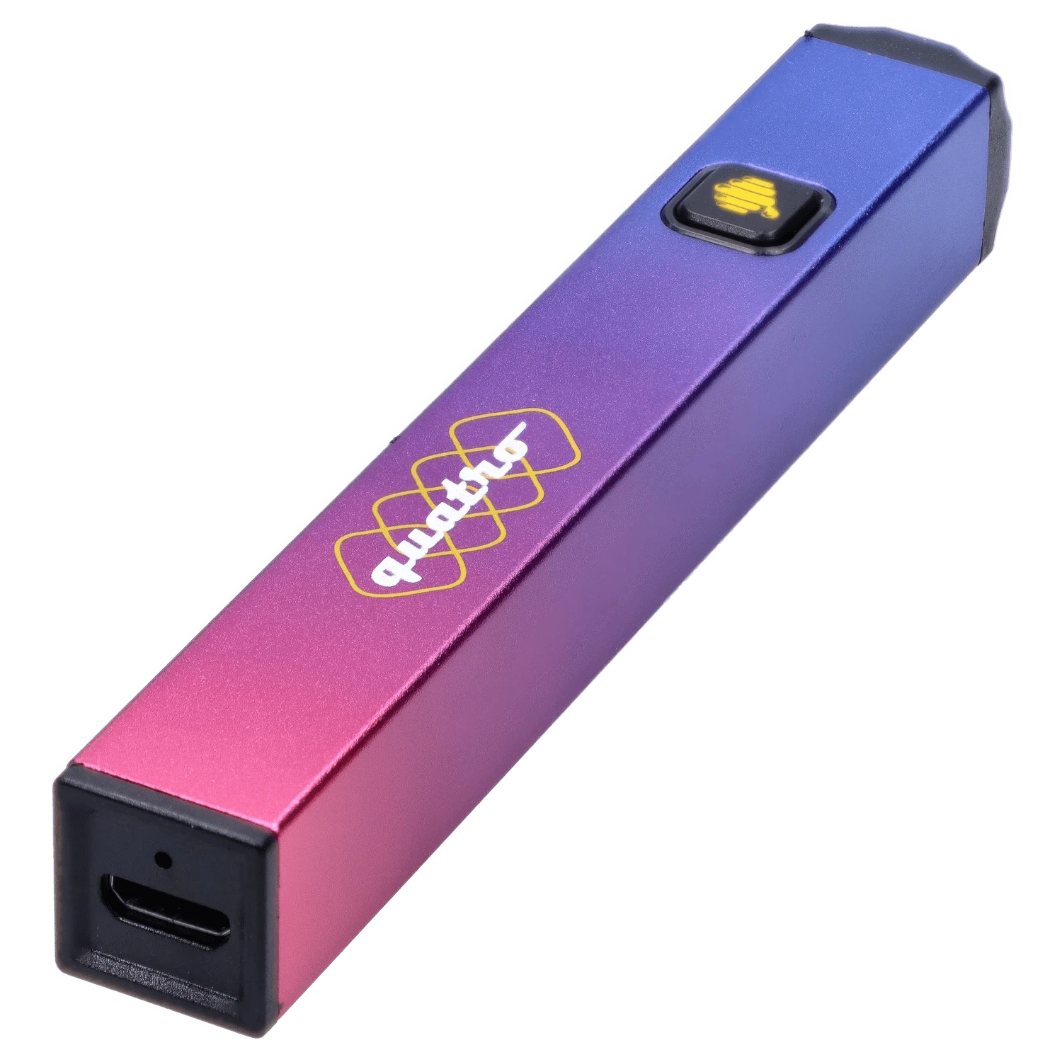 Angled close-up of a metallic gradient HoneyStick Quatro Variable Voltage Vape Multi showing its purple-to-pink finish, logo, and square power button.