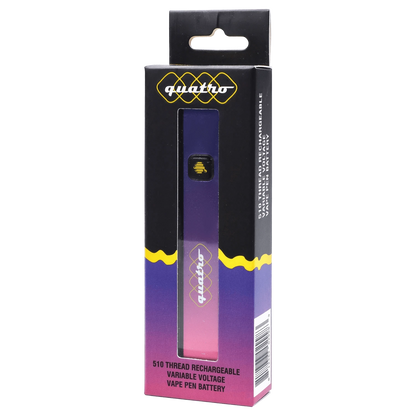 Tall front view of the HoneyStick Quatro Variable Voltage Vape Multi in its purple-to-pink gradient box with a window showing the device.