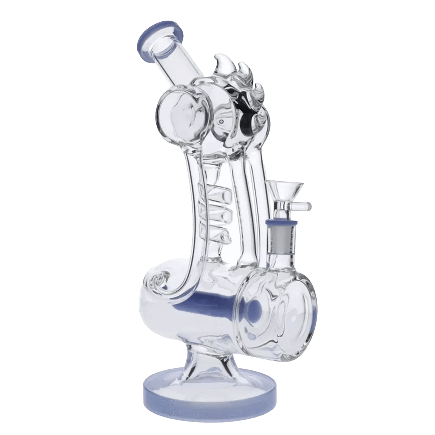 A three-quarter view of the Milky Blue Bent Neck Water Pipe withBowl & Quartz, showcasing its curved neck and clear glass construction.