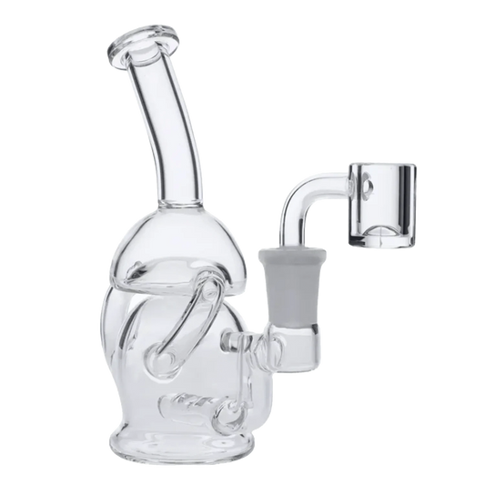Bubbler withQuartz Clear-6 in shown in a close-up, angled view with clear glass and a quartz attachment.