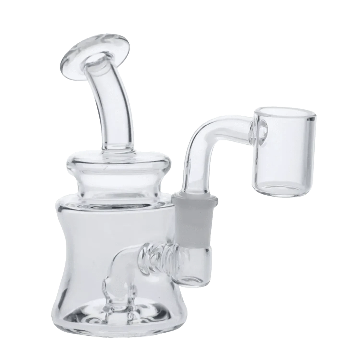 A clear Glass Bubbler Pipe with10mm Male Quartz is shown in a side view, featuring a curved mouthpiece and simple glass construction.