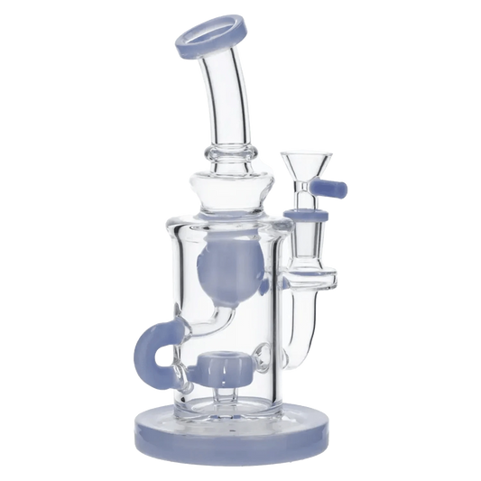 Front view of the 8-inch Hourglass Base Water Pipe withBowl & Quartz, showcasing its milky purple base and clear glass construction.