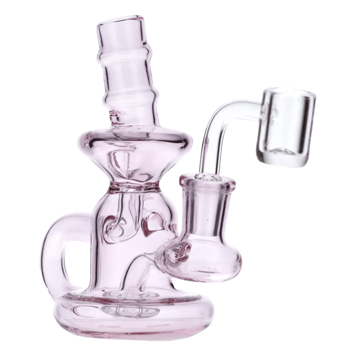 A front view of the 6-inch Water Pipe withQuartz in pink glass, showing a curved neck and quartz attachment.