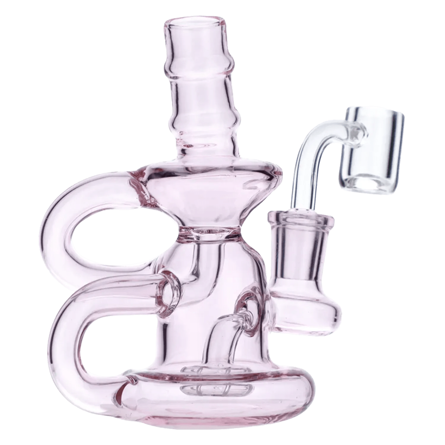 Front view of the 6-inch Water Pipe withQuartz in pink, showcasing its curved neck and clear glass construction.