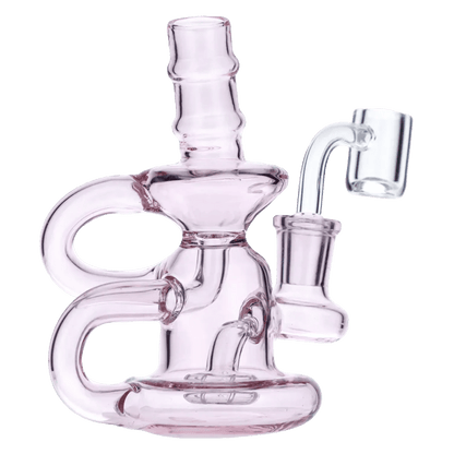 Front view of the 6-inch Water Pipe withQuartz in pink, showcasing its curved neck and clear glass construction.