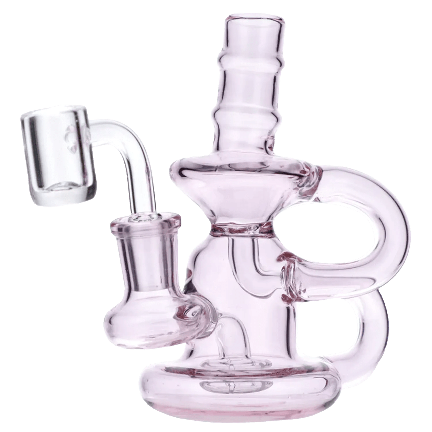 Front view of the Water Pipe withQuartz-Pink-6in, showcasing its curved neck and pink glass construction against a plain white background.