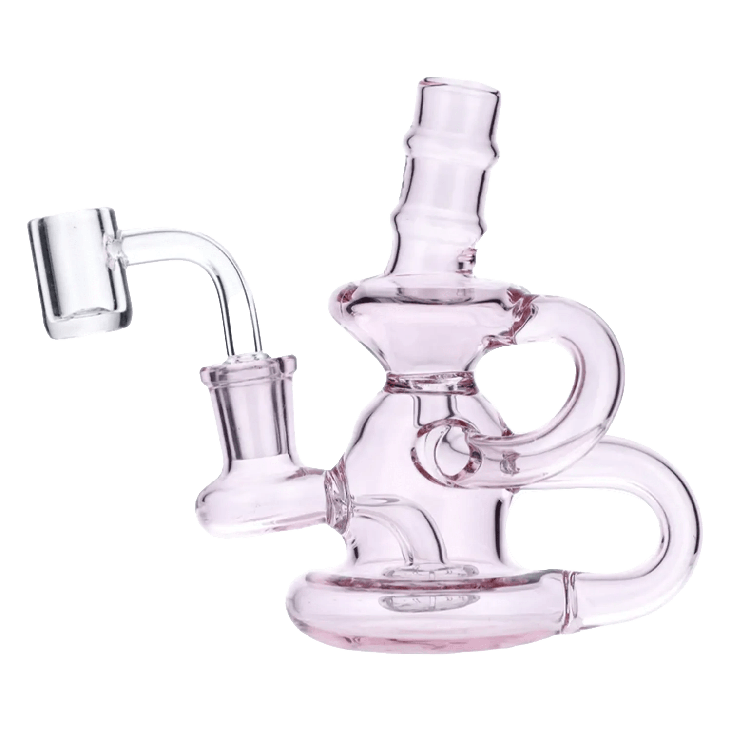 A front view of the 6-inch Water Pipe withQuartz-Pink, displaying its curved glass form and pink hue against a plain background.