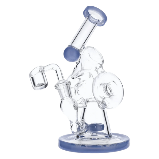 A three-quarter view of the 7-inch Hourglass Base Water Pipe with Bowl & Quartz in milky blue, showcasing its rounded base and clear stem.
