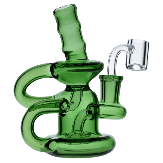 A front view of the 6-inch Water Pipe withQuartz in green glass, featuring a curved neck and visible quartz attachment.