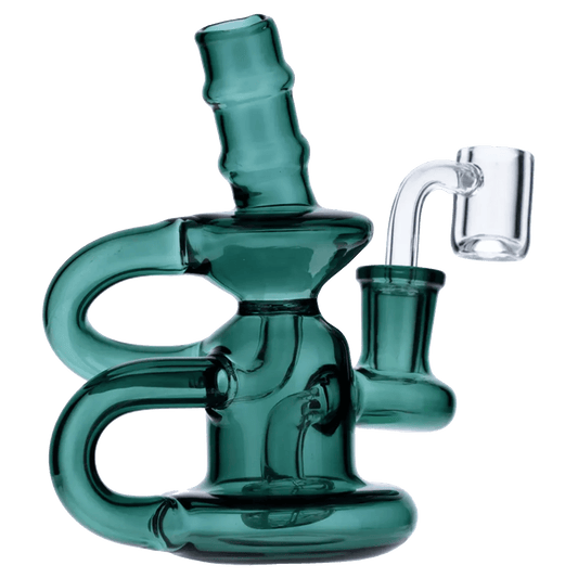 A front view of the 6-inch Water Pipe withQuartz in teal, showing the curved neck and clear glass construction.