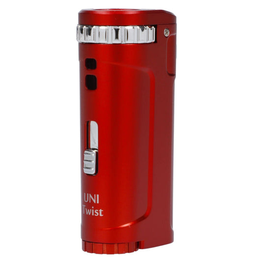 Front view of the red Yocan UNI Twist Battery, showcasing its sleek, cylindrical design and metallic button details.