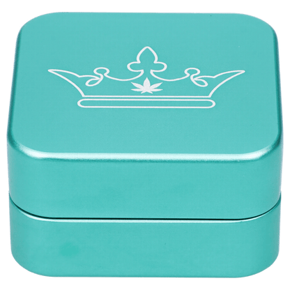 Front view of the Queen of Bud 2 Stage Grinder Aventurine, showcasing its metallic finish and two-tiered design.