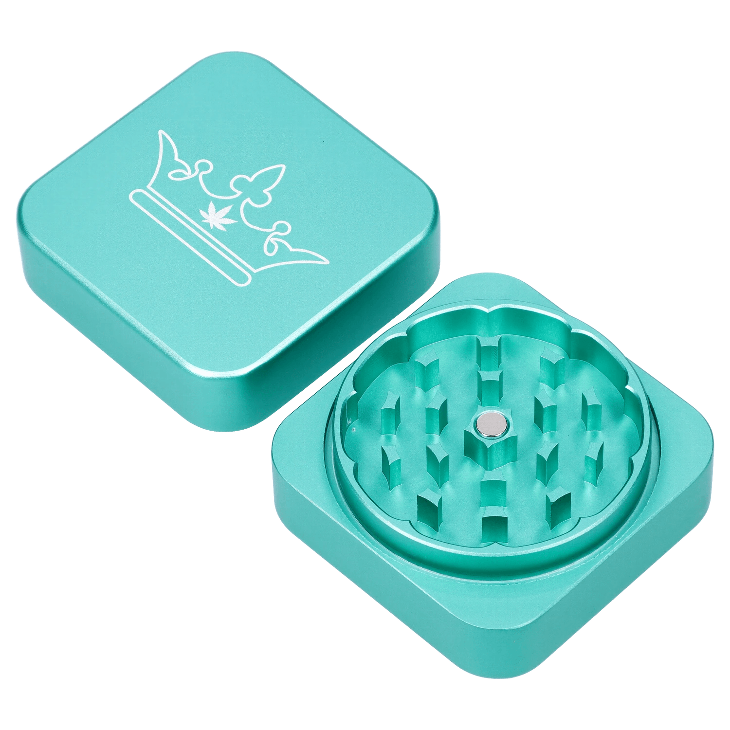 Close-up, top-down view of the Queen of Bud 2 Stage Grinder Aventurine, showing the multi-tiered grinding teeth inside the metallic container.