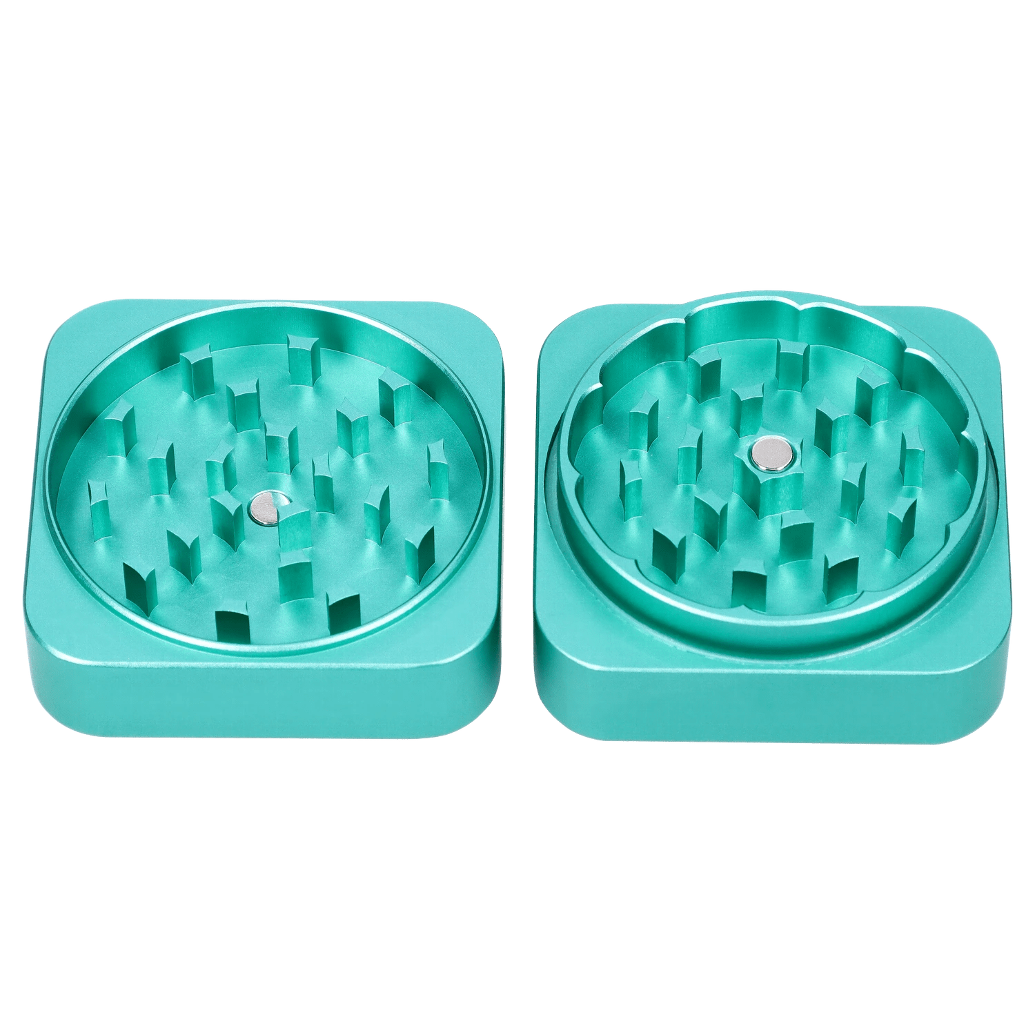 A top-down view of the open Queen of Bud 2 Stage Grinder Aventurine, revealing its multi-tiered grinding mechanism.