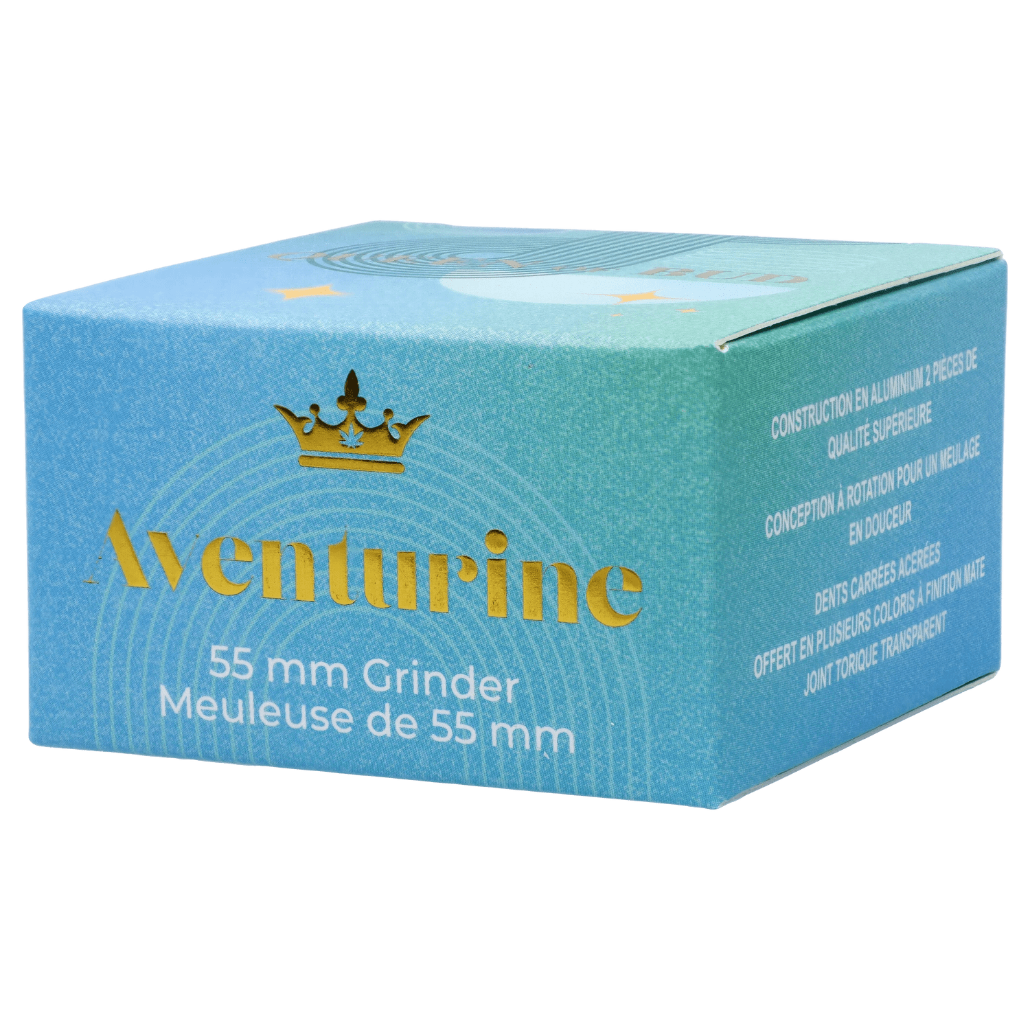 A close-up of the two-stage Queen of Bud Aventurine grinder, showing its metallic finish and circular design.