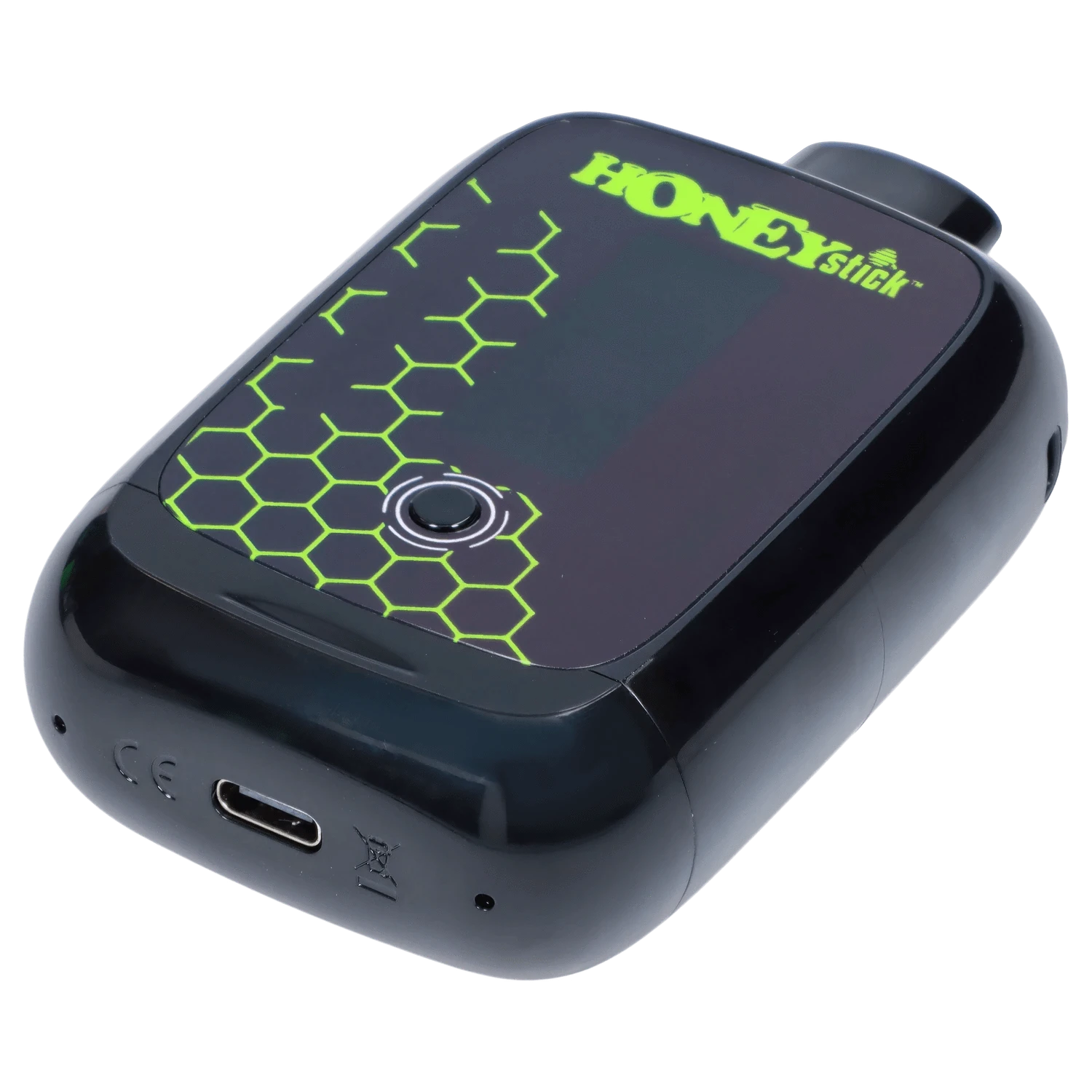 Close-up of the Honeystick Duo Variable Voltage Plus, showing a sleek, black device with a textured grip and a charging port.