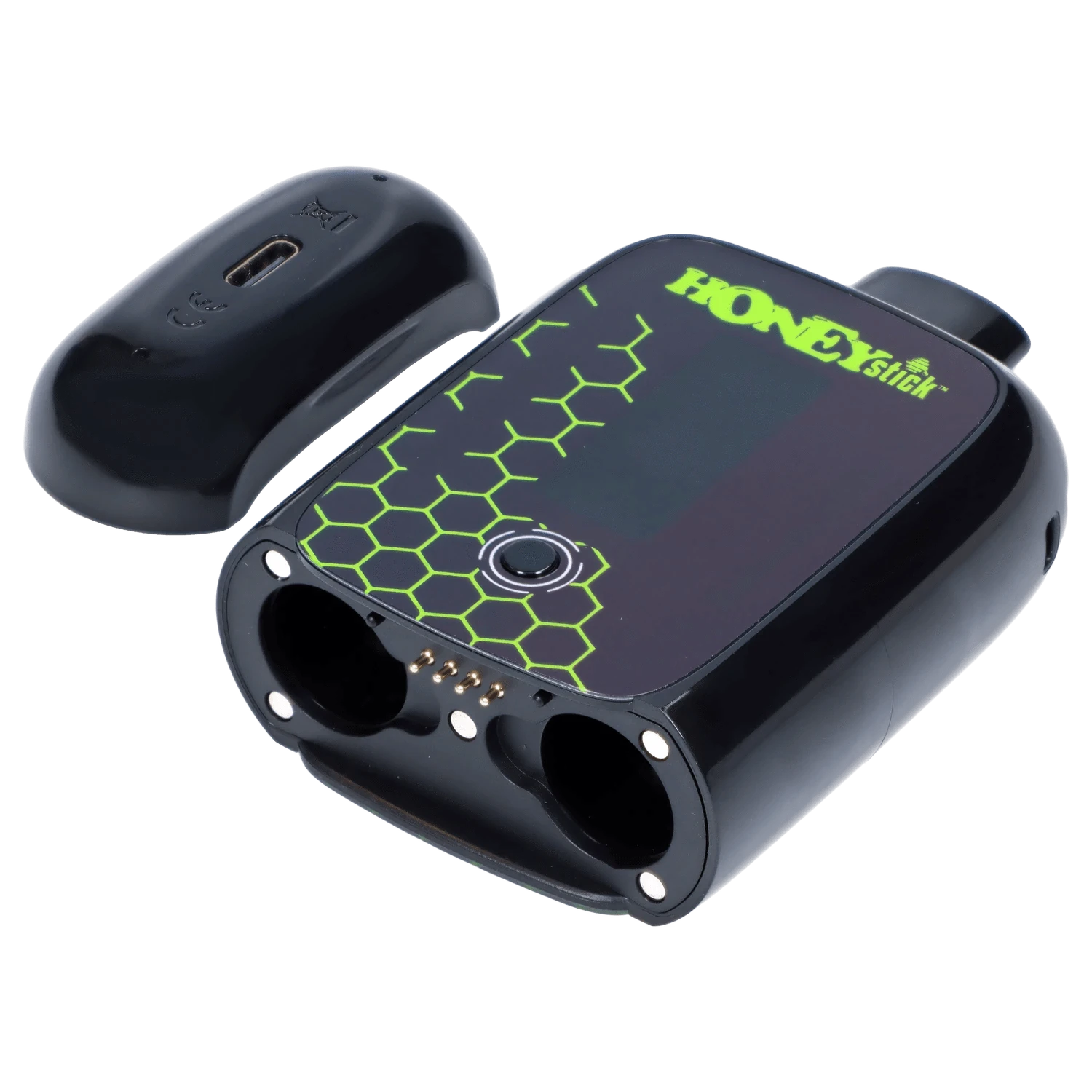 A close-up, angled view of the Honeystick Duo Variable Voltage Plus with a sleek, dark finish and rounded design.