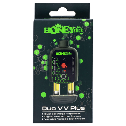 Front view of the Honeystick Duo Variable Voltage Plus, highlighting the metallic finish and sleek cylindrical design.