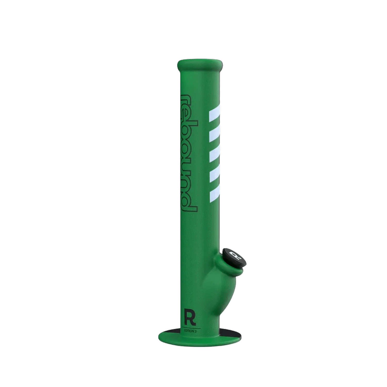 A front view of the Rebound Edition 2 - Straight - Black & Green bong with a sleek, black base and green glass tube.