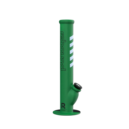 A front view of the Rebound Edition 2 - Straight - Black & Green bong with a sleek, black base and green glass tube.