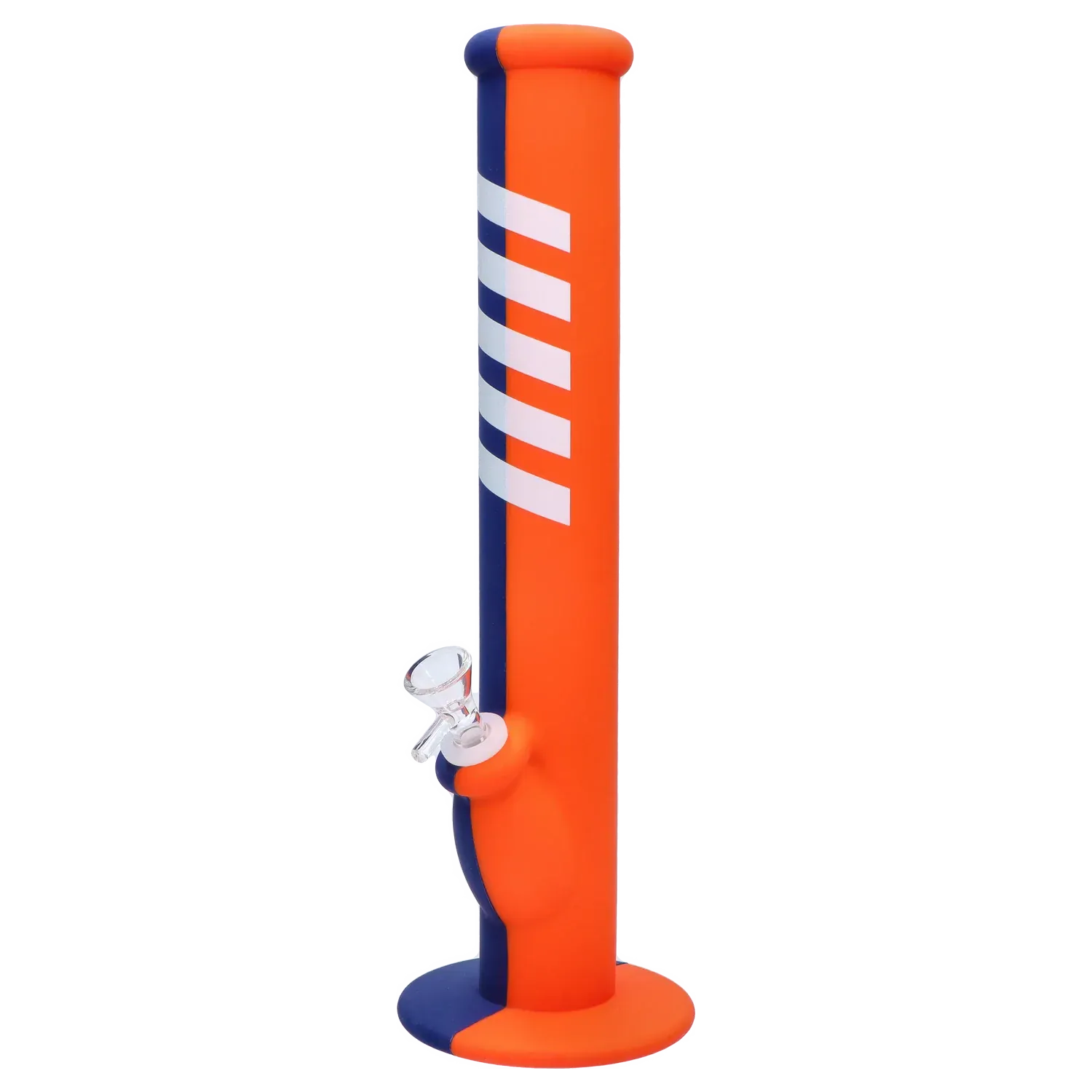 Tall side view of the Rebound Edition 2 - Straight - Blue & Orange showing an orange cylindrical tube with navy side panel, diagonal white stripes, and a glass bowl near the base