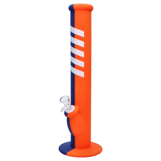 Tall side view of the Rebound Edition 2 - Straight - Blue & Orange showing an orange cylindrical tube with navy side panel, diagonal white stripes, and a glass bowl near the base