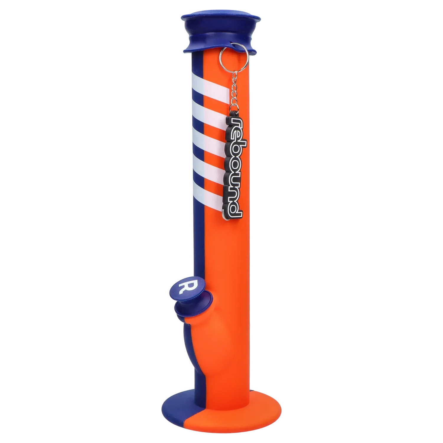 Side view of the Rebound Edition 2 - Straight - Blue & Orange tube showing its orange body with blue accents, diagonal white stripes and hanging logo charm