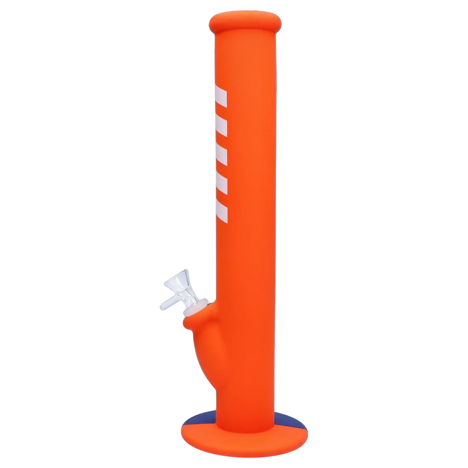 Side profile of the Rebound Edition 2 - Straight - Blue & Orange showing an upright orange straight tube with white diagonal stripes and a blue base.