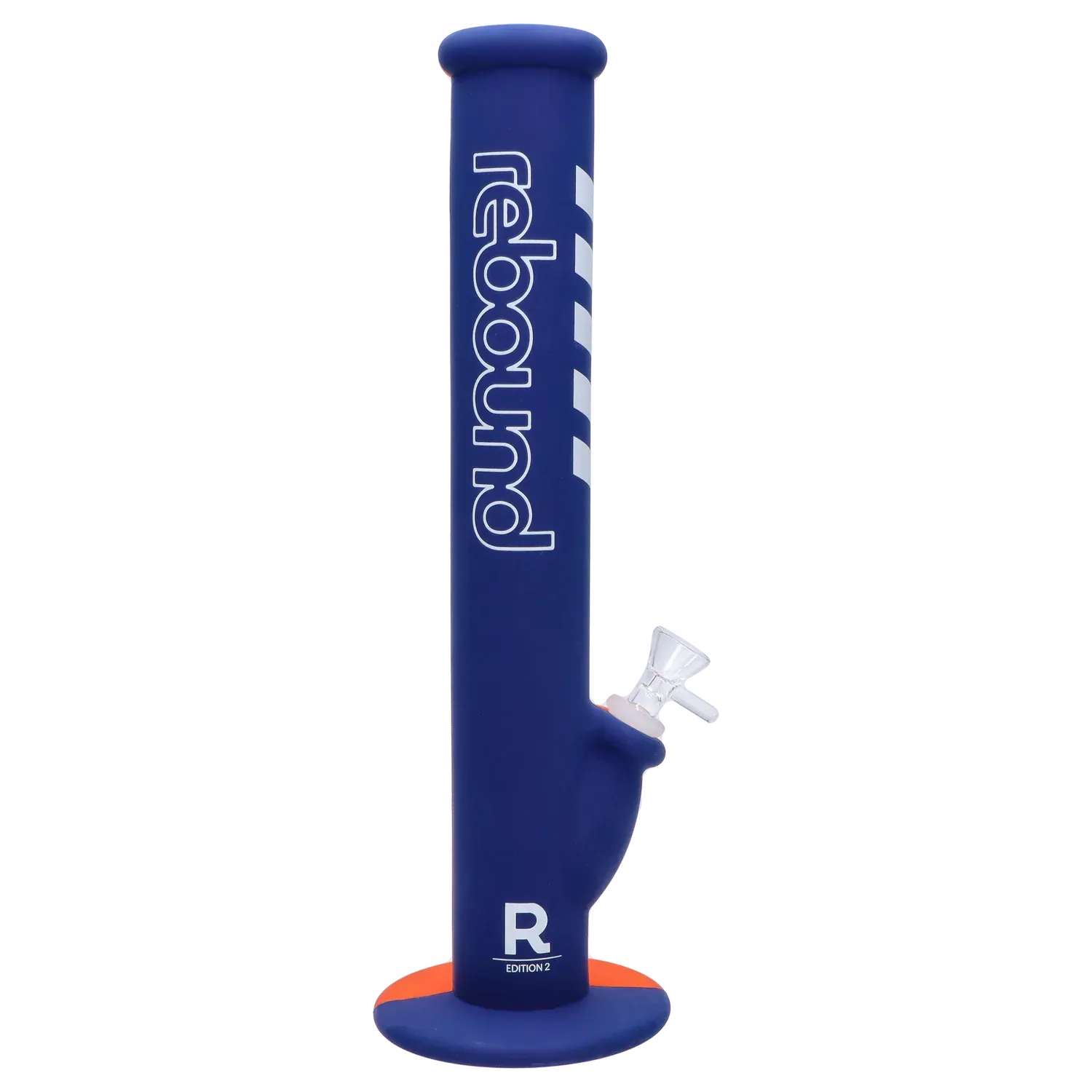 Vertical side view of the Rebound Edition 2 - Straight - Blue & Orange showing its tall blue tube with white branding, orange base and a clear glass joint.