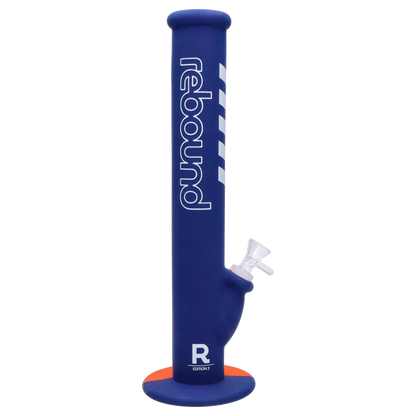 Vertical side view of the Rebound Edition 2 - Straight - Blue & Orange showing its tall blue tube with white branding, orange base and a clear glass joint.