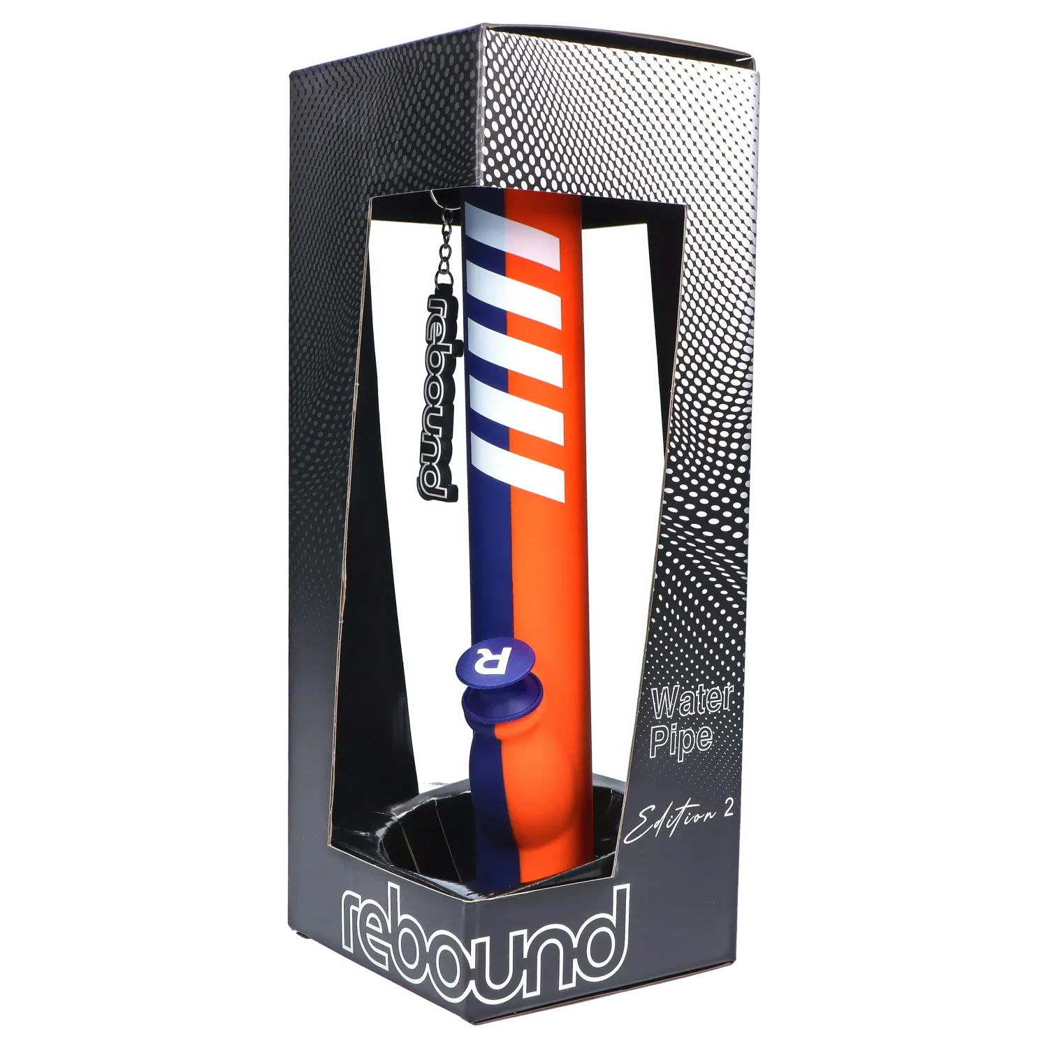 Angled front view of the Rebound Edition 2 - Straight - Blue & Orange water pipe shown upright in its black dotted display box with a hanging logo tag.