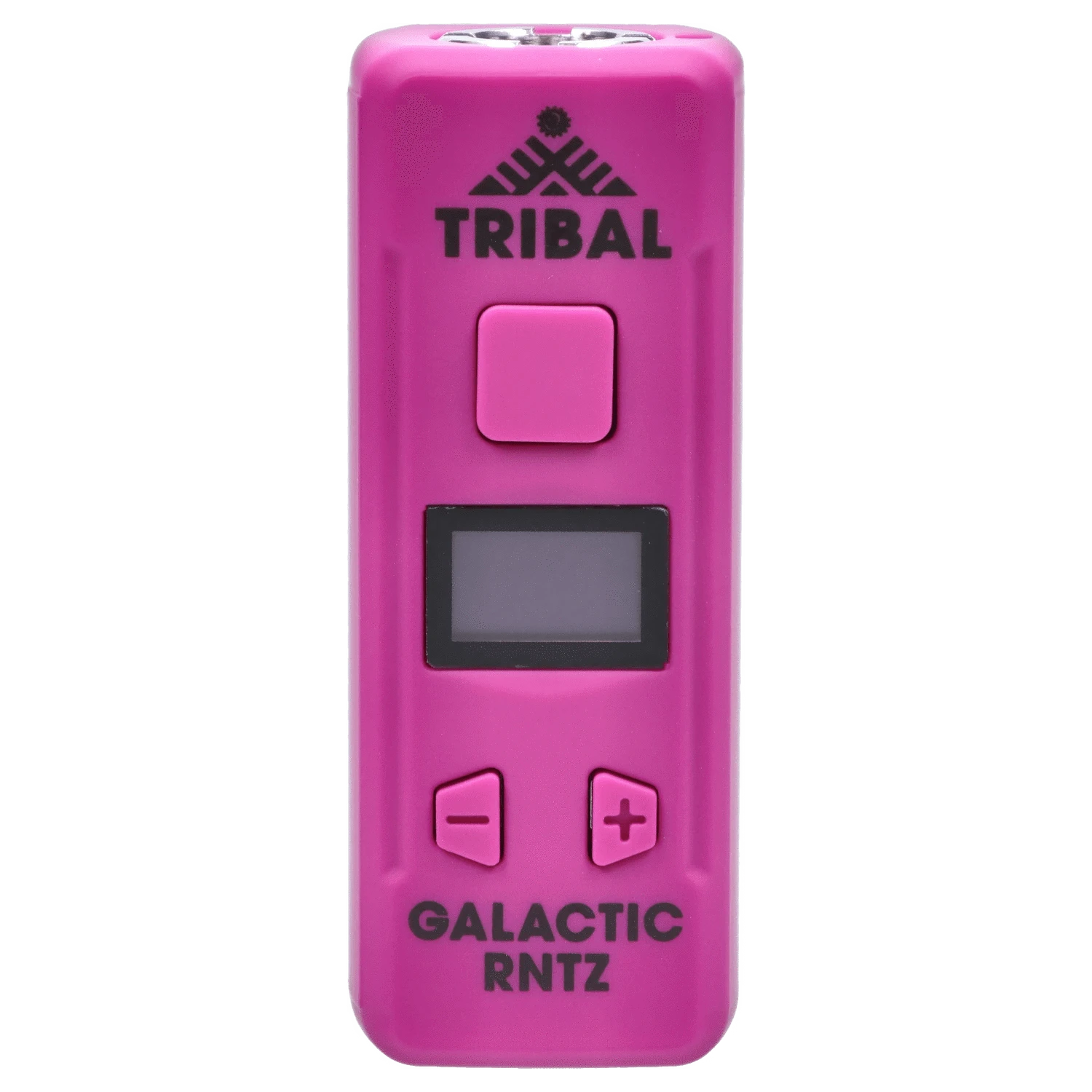 Close-up front view of the pink Tribal – Genetic Pro 510 Batteries – Galactic Rntz device showing its square power button, small rectangular screen, plus/minus controls, and centered branding.