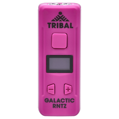 Close-up front view of the pink Tribal – Genetic Pro 510 Batteries – Galactic Rntz device showing its square power button, small rectangular screen, plus/minus controls, and centered branding.