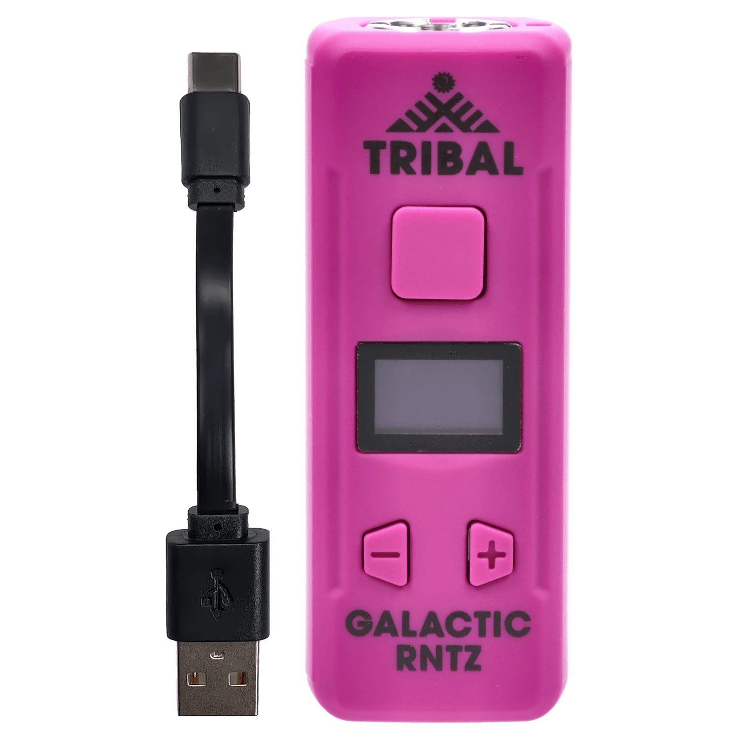 Close-up of the hot pink Tribal – Genetic Pro 510 Batteries – Galactic Rntz device front with display, square button and USB cable alongside.