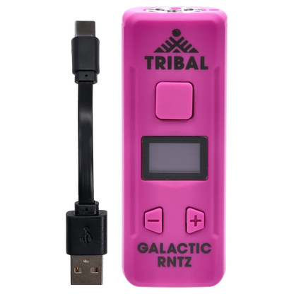 Close-up of the hot pink Tribal – Genetic Pro 510 Batteries – Galactic Rntz device front with display, square button and USB cable alongside.