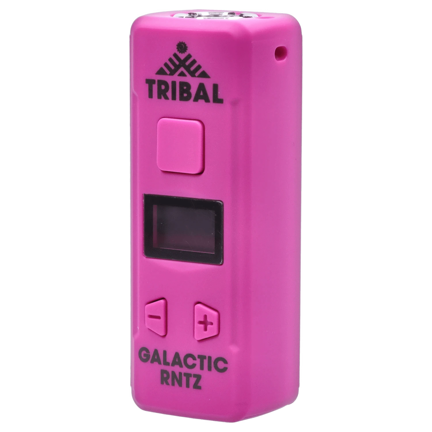 Close-up front view of a hot pink Tribal – Genetic Pro 510 Batteries – Galactic Rntz device showing its buttons and small display.