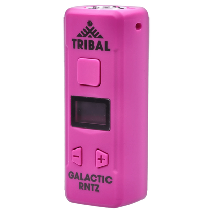Close-up front view of a hot pink Tribal – Genetic Pro 510 Batteries – Galactic Rntz device showing its buttons and small display.
