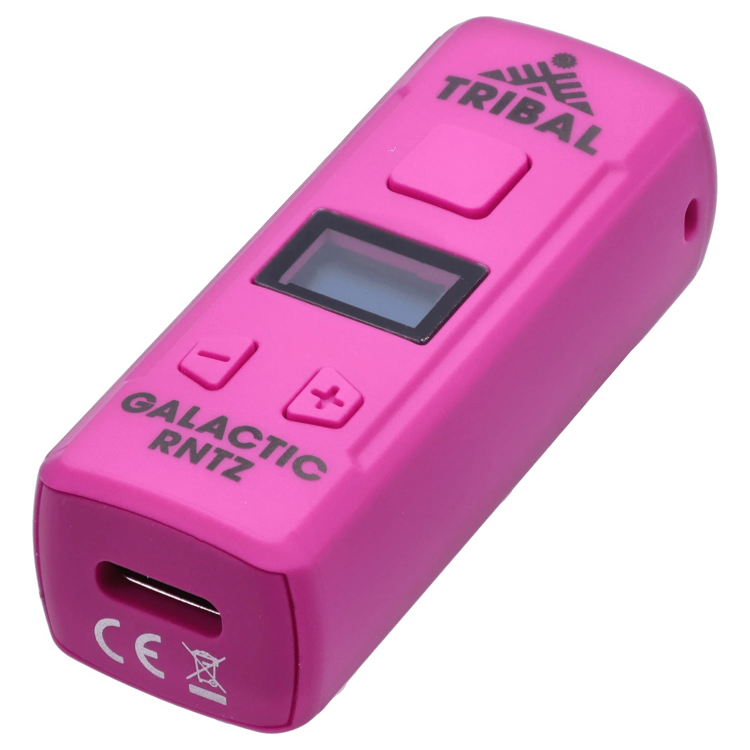Angled close-up of the bright pink Tribal – Genetic Pro 510 Batteries – Galactic Rntz showing the top buttons, small LCD, and printed logo.